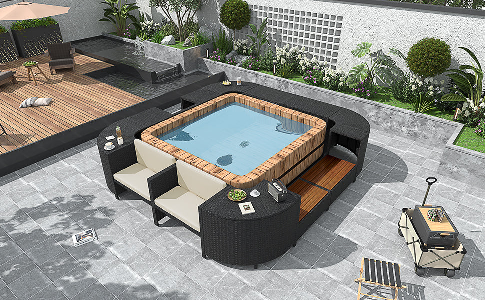 Spa Surround Spa Frame Quadrilateral Outdoor Rattan Sectional Sofa Set with Mini Sofa,Wooden Seats and Storage Spaces, Beige