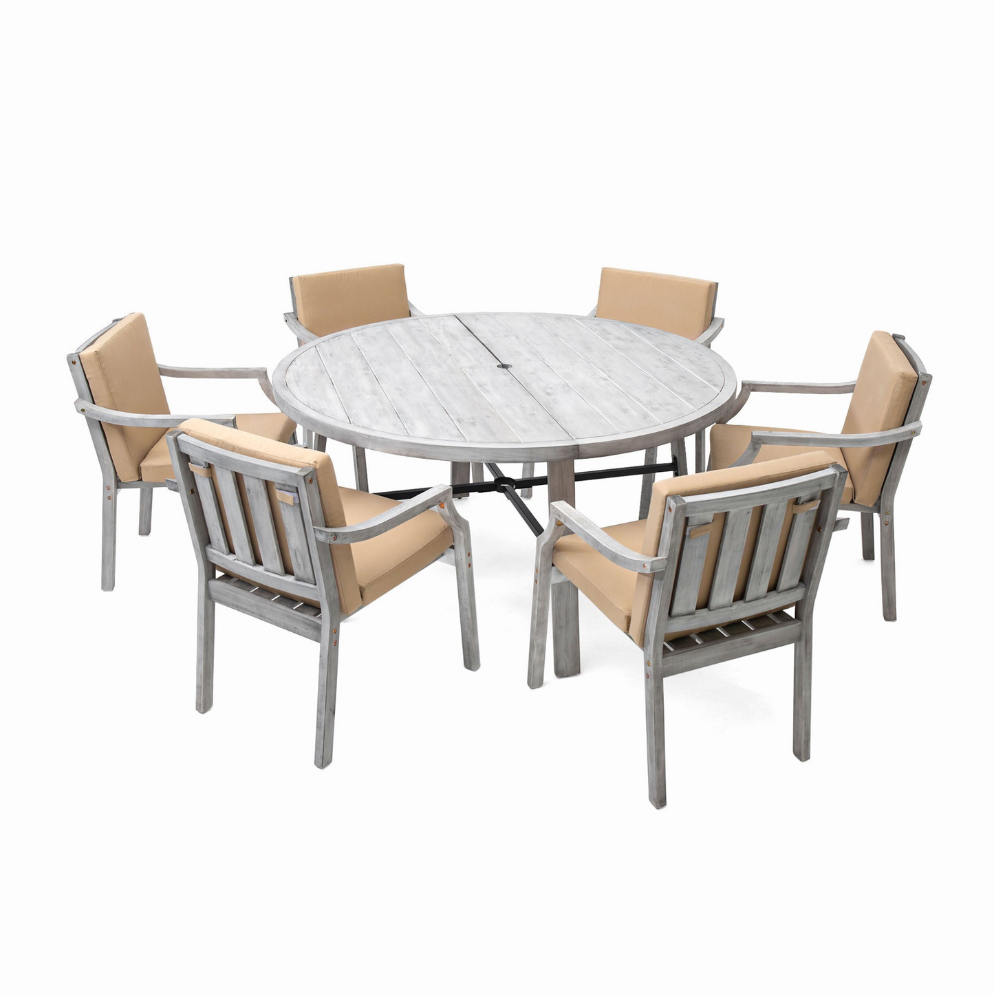 Outdoor Dinning Set 6-Person Outdoor Wooden Dinning Set with an Umbrella Hole and Removable Cushions for Patio, Backyard, Garden,  Antique Gray