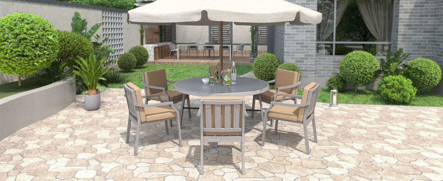 Outdoor Dinning Set 6-Person Outdoor Wooden Dinning Set with an Umbrella Hole and Removable Cushions for Patio, Backyard, Garden,  Antique Gray