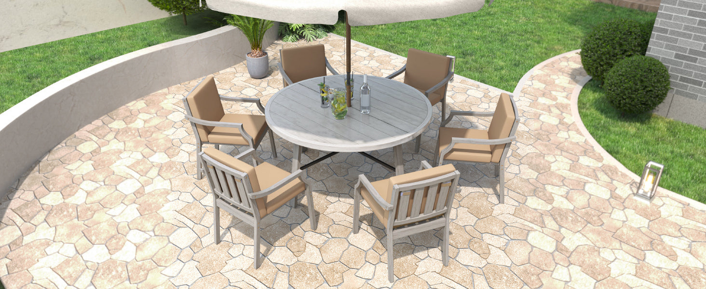 Outdoor Dinning Set 6-Person Outdoor Wooden Dinning Set with an Umbrella Hole and Removable Cushions for Patio, Backyard, Garden,  Antique Gray