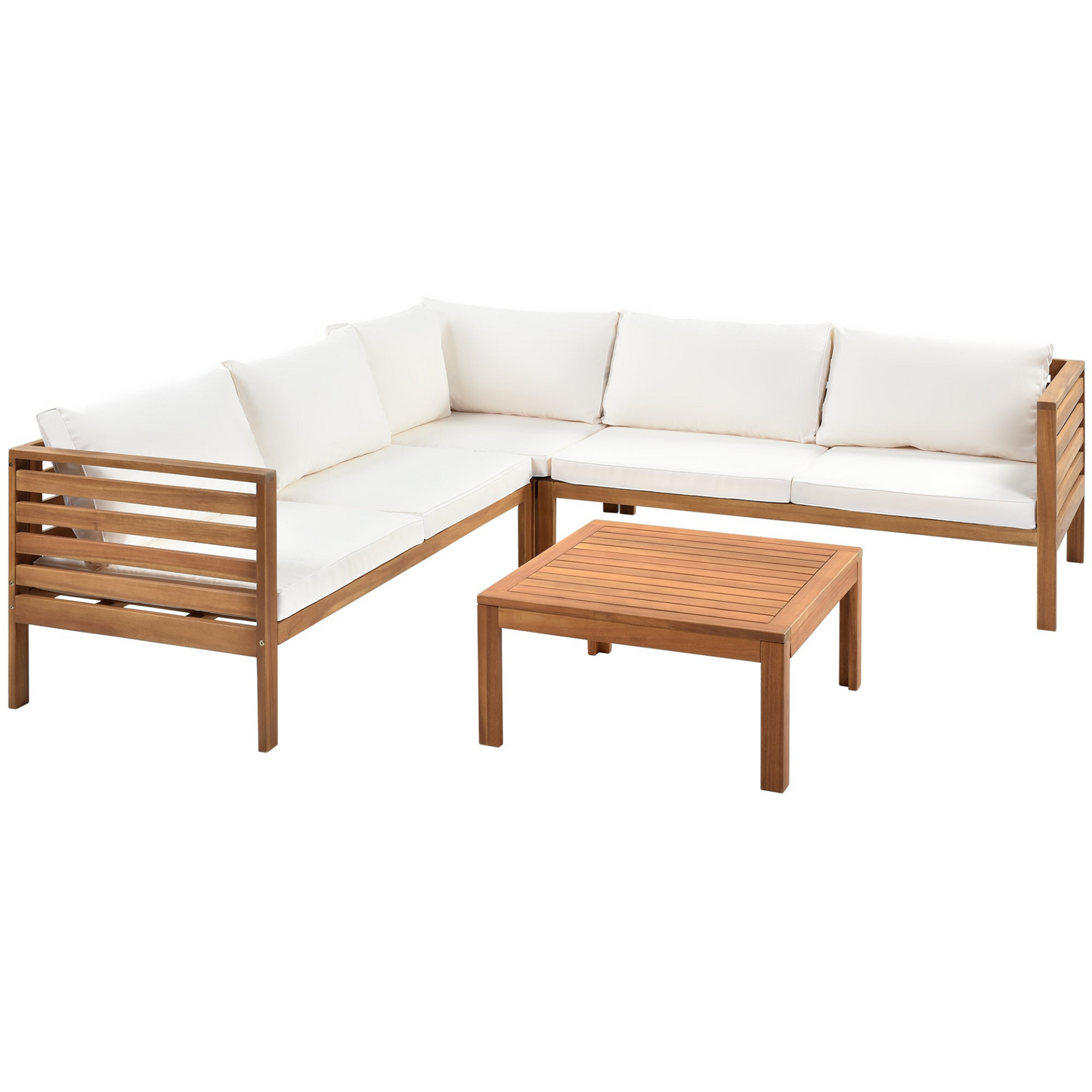 Wood Structure Outdoor Sofa Set with beige Cushions Exotic design Water-resistant and UV Protected texture High quality acacia wood Strong Metal Accessories