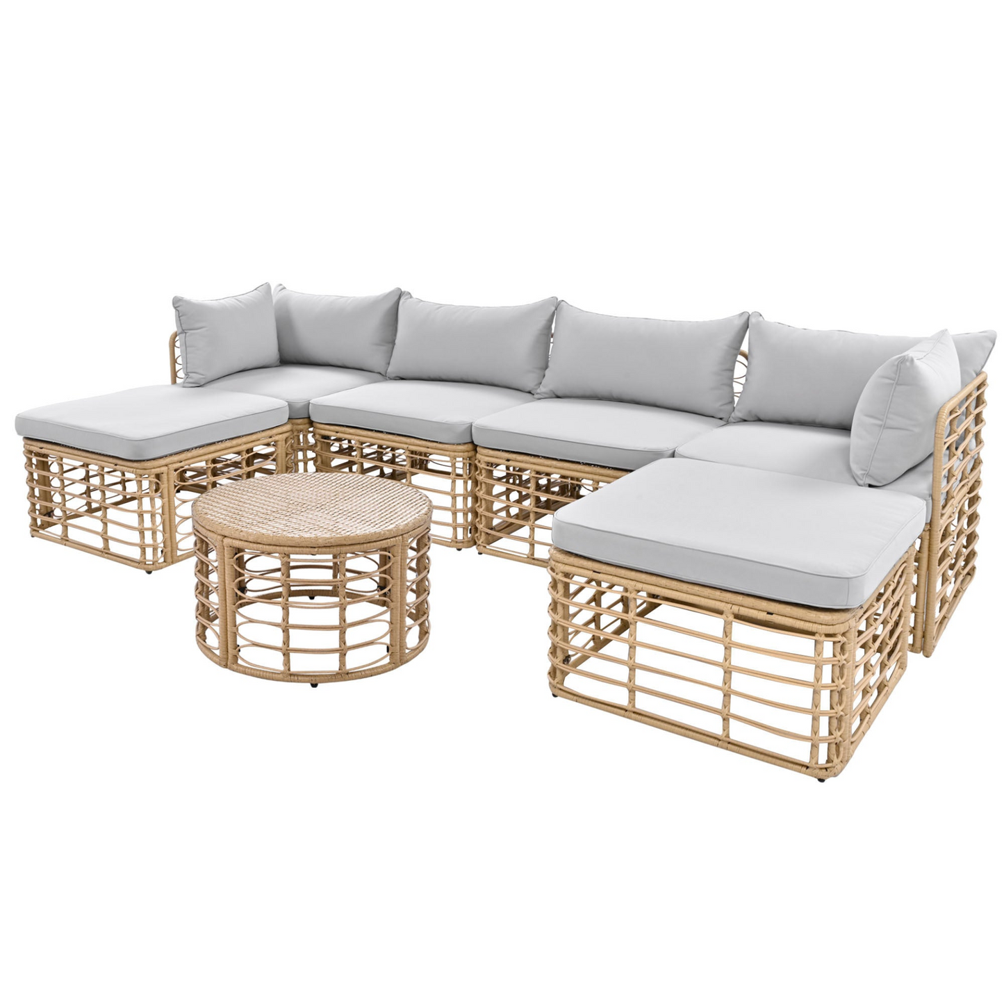 7 Pieces Outdoor Patio Furniture, All-Weather Rattan Sectional Sofa Set with Thick Cushions and Pillows, Freely Combined Conversation Sets for Garden, Backyard, Balcony, Gray