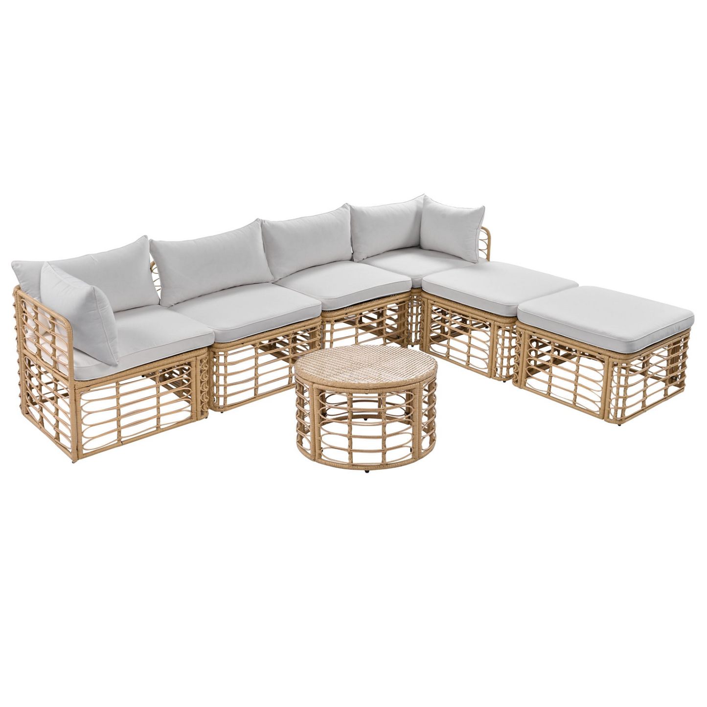 7 Pieces Outdoor Patio Furniture, All-Weather Rattan Sectional Sofa Set with Thick Cushions and Pillows, Freely Combined Conversation Sets for Garden, Backyard, Balcony, Gray