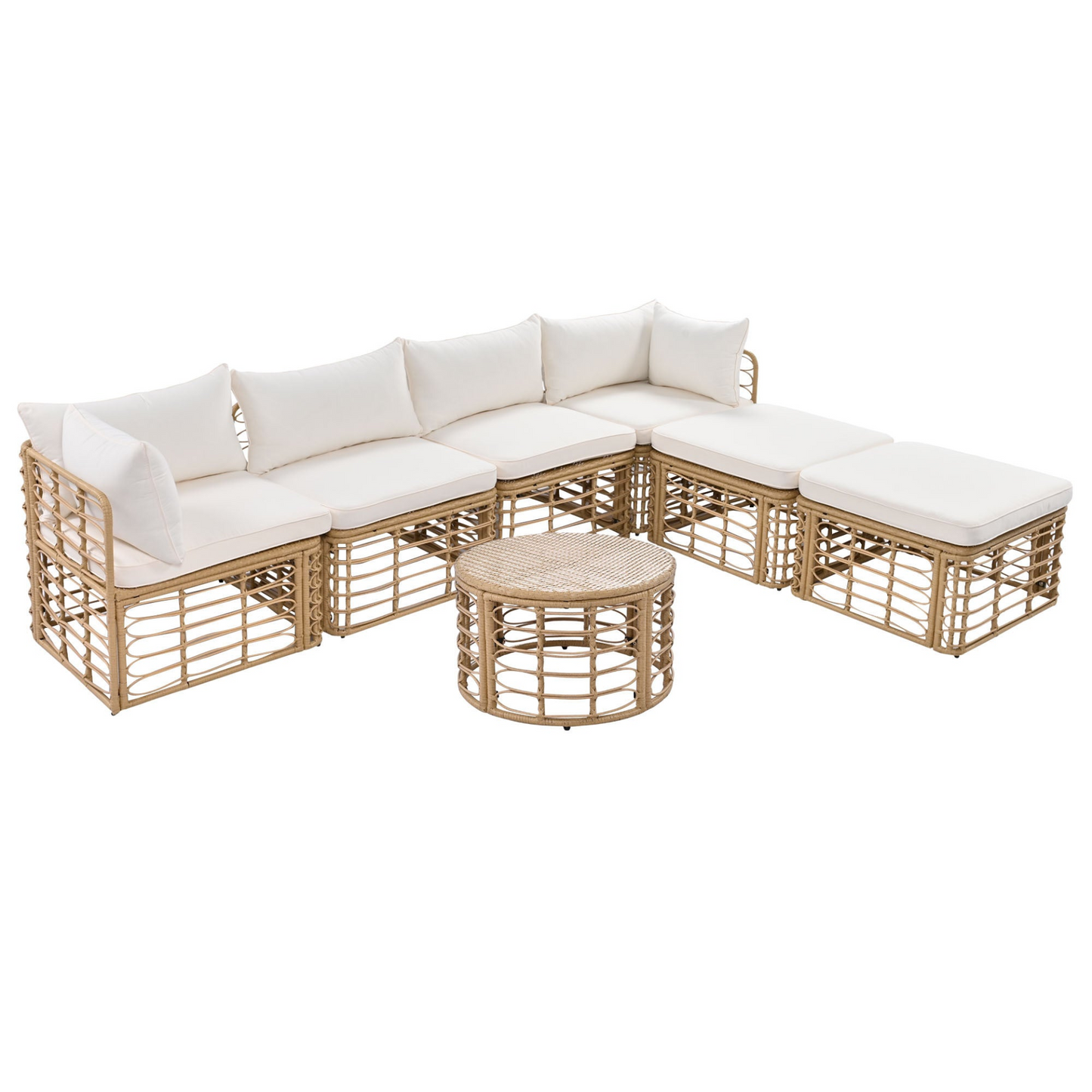 7 Pieces Outdoor Patio Furniture, All-Weather Rattan Sectional Sofa Set with Thick Cushions and Pillows, Freely Combined Conversation Sets for Garden, Backyard, Balcony, Beige