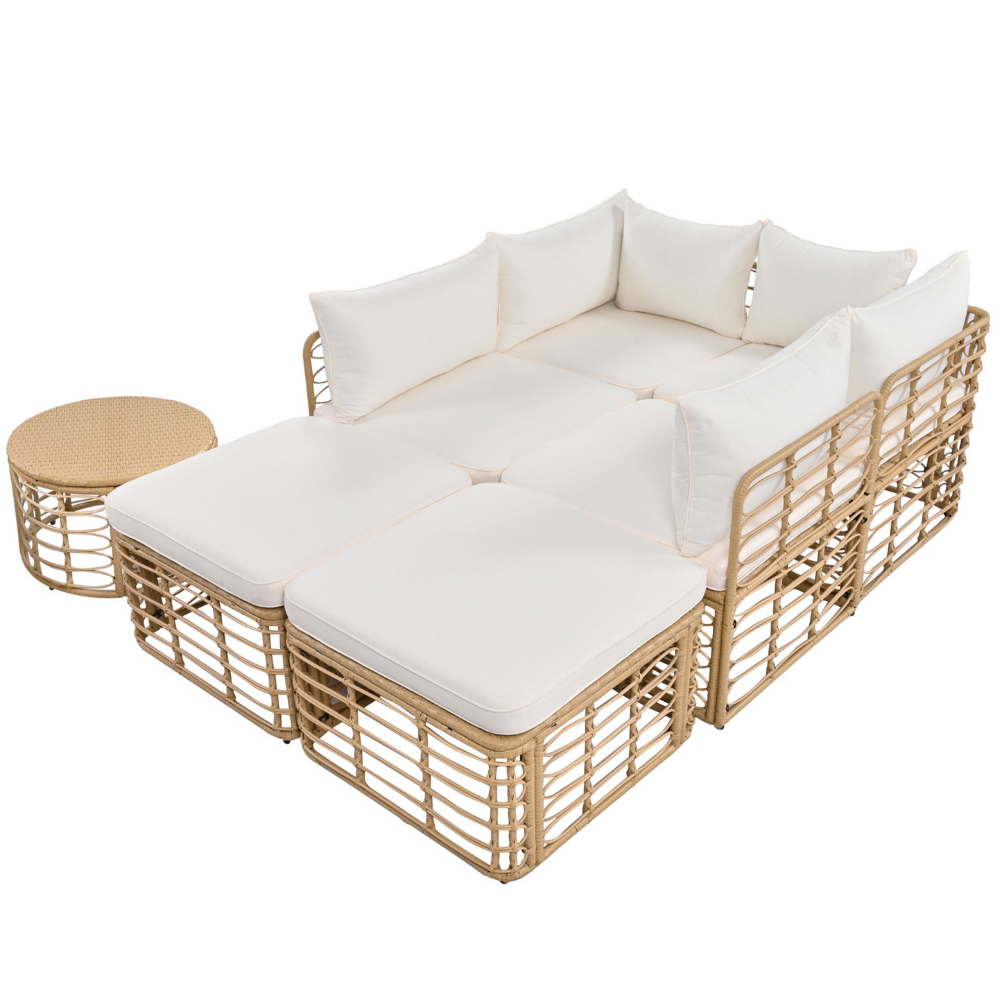 7 Pieces Outdoor Patio Furniture, All-Weather Rattan Sectional Sofa Set with Thick Cushions and Pillows, Freely Combined Conversation Sets for Garden, Backyard, Balcony, Beige