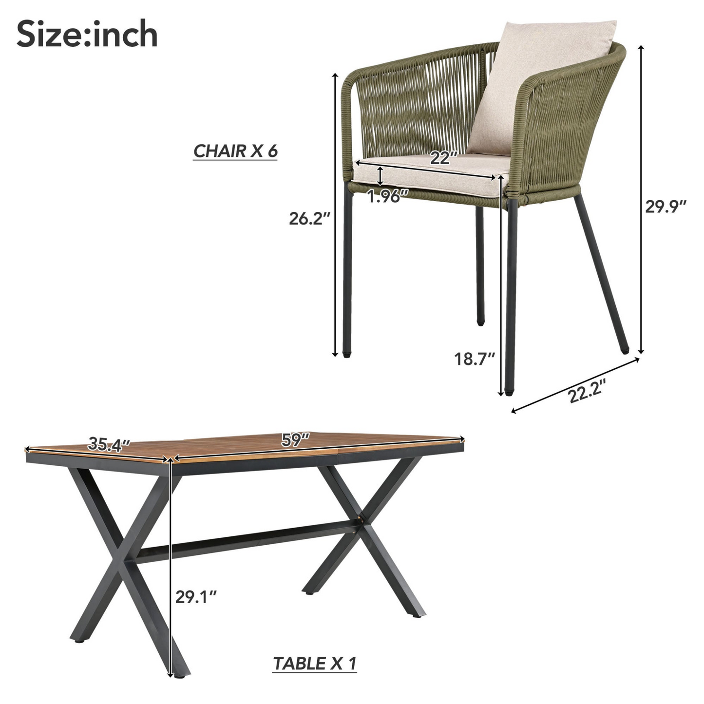 7 Pieces Patio Dining Set, All-Weather Outdoor Furniture Set with Dining Table and Chairs, Acacia Wood Tabletop, Metal Frame, for for Garden, Backyard, Balcony, Green