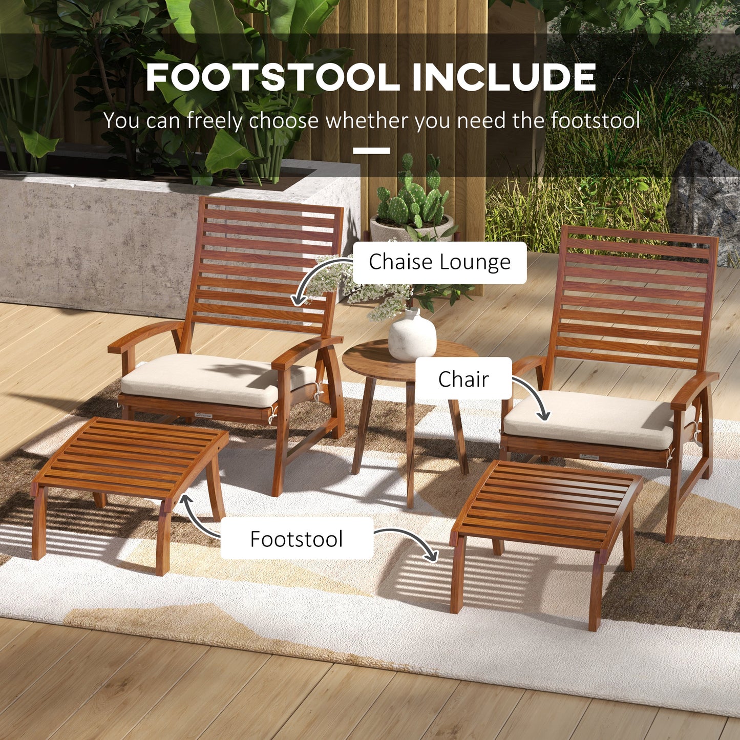 Outsunny 4 Pieces Patio Chairs with Cushion, Outdoor Dining Chairs Set of 4, Acacia Wood Seat with Footstools, Slatted Seat & Backrest, Armrests, Cream White