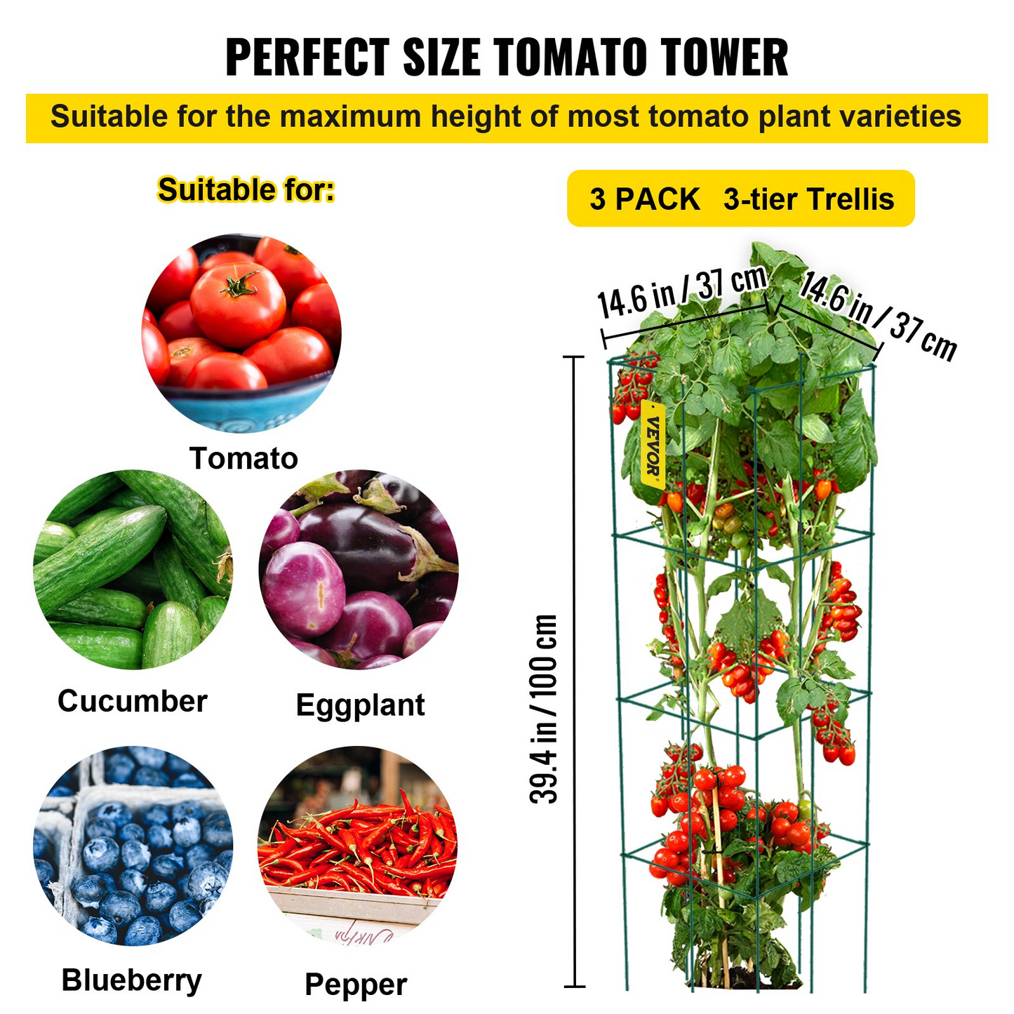 VEVOR Tomato Cages, 14.6" x 14.6" x 39.4", 3 Packs Tomato Cages for Garden, Square Plant Support Cages Heavy Duty, Green PVC-Coated Steel Tomato Towers for Climbing Vegetables, Plants, Flowers, Fruits