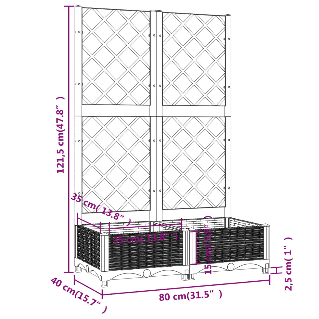 vidaXL Garden Planter with Trellis Black 31.5"x15.7"x47.8" PP