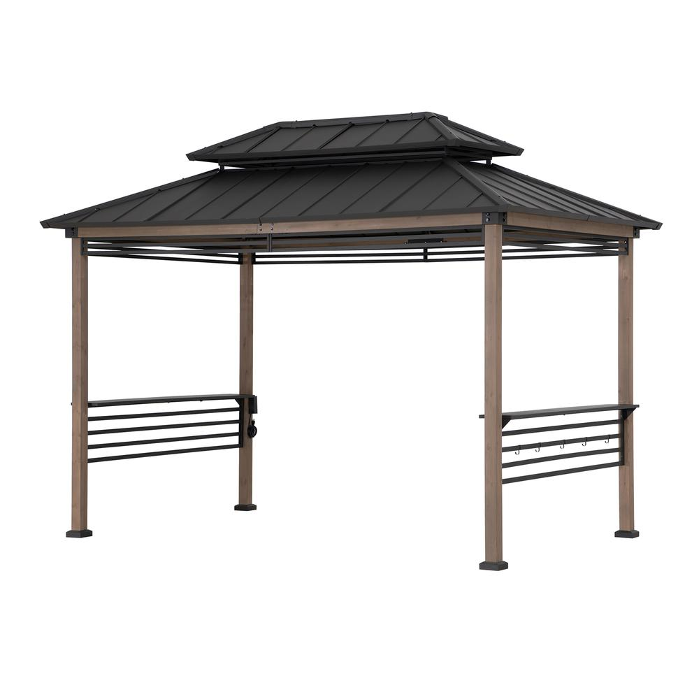 Wood Gazebo with Built-In Electrical Outlets and Decorative Fence, Brown