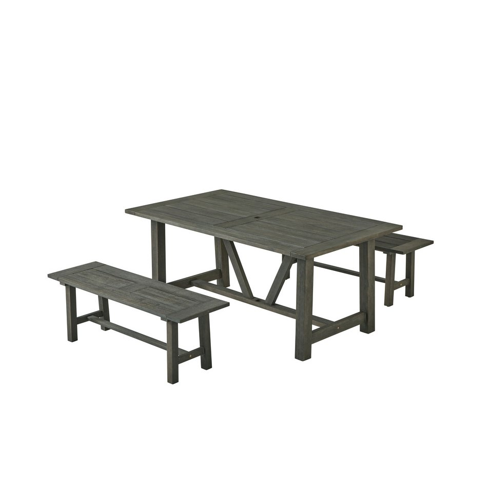 Rustic Gray Outdoor Dining Set - Acacia Wooden Table with 2 Wood Benches