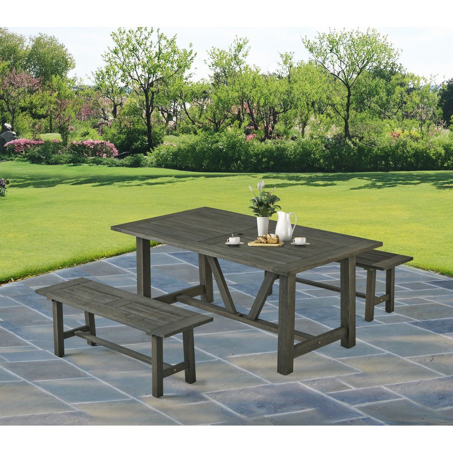 Rustic Gray Outdoor Dining Set - Acacia Wooden Table with 2 Wood Benches