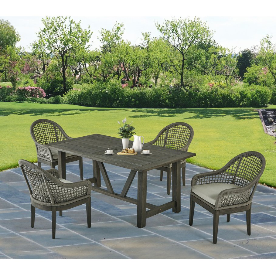 Gray Outdoor Dining Set - Acacia Wooden Table with 4 Rope Chairs