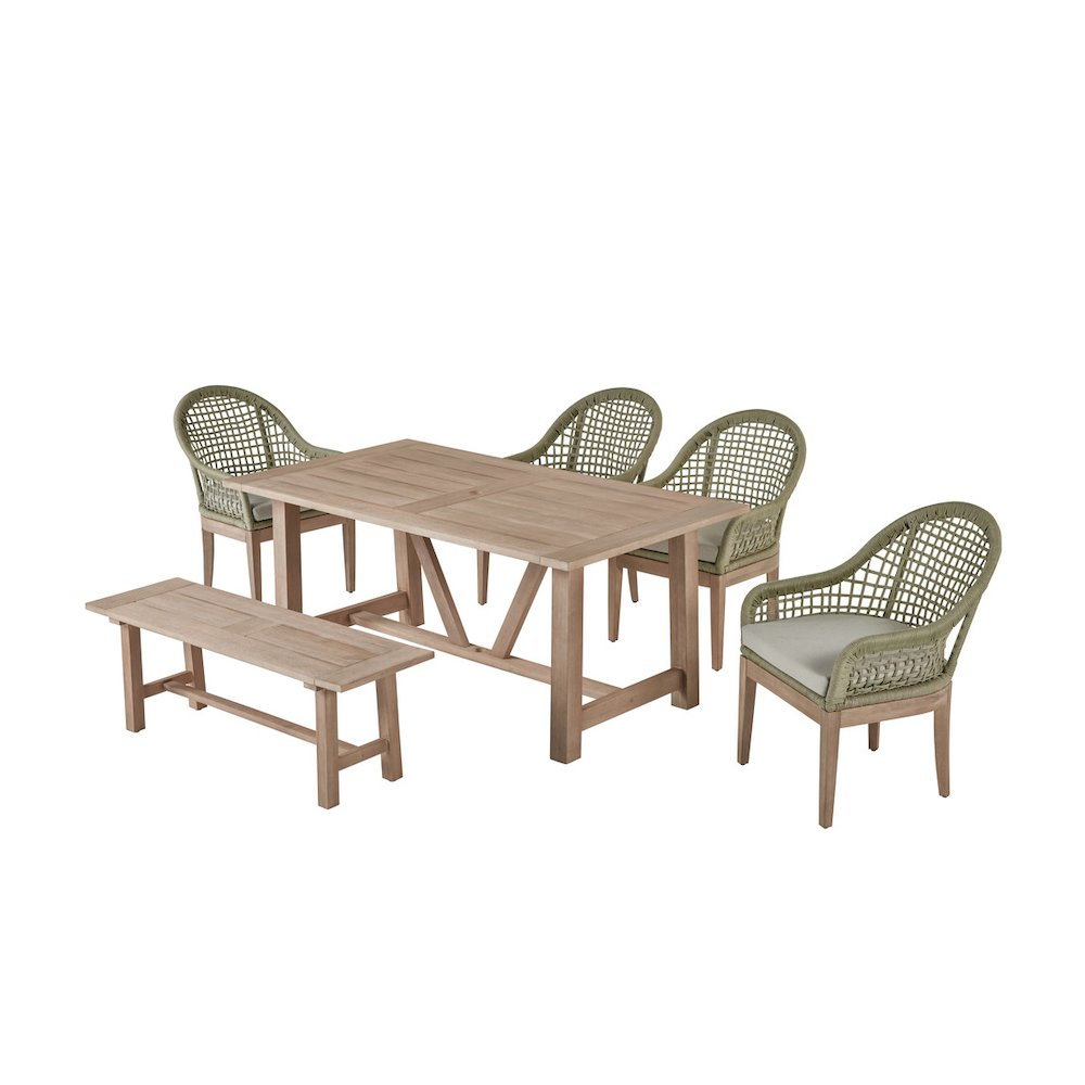 Light Oak Outdoor Dining Set - Acacia Wooden Table with 4 Rope Chairs and Bench