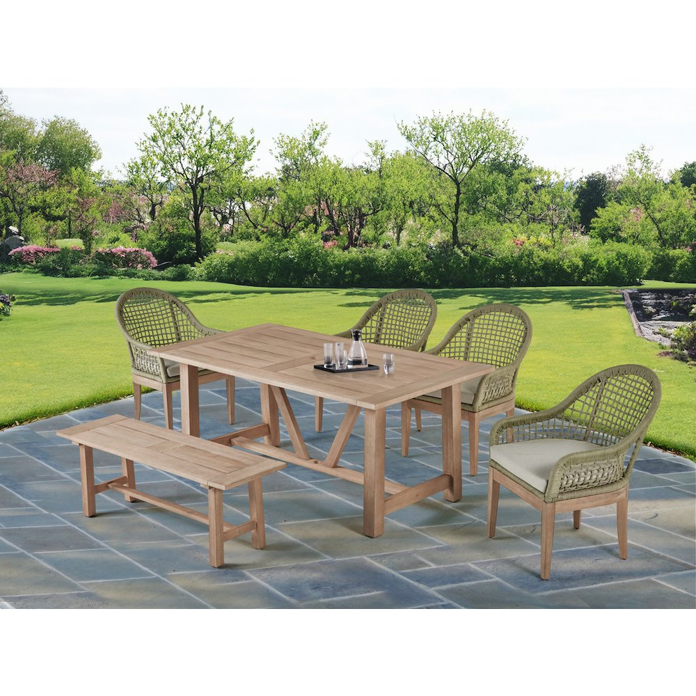 Light Oak Outdoor Dining Set - Acacia Wooden Table with 4 Rope Chairs and Bench