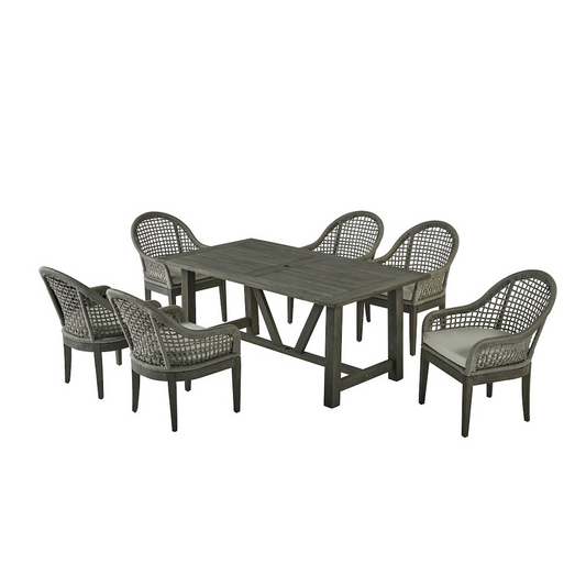 Outdoor Dining Set - Acacia Wooden Table with 6 Rope Chairs