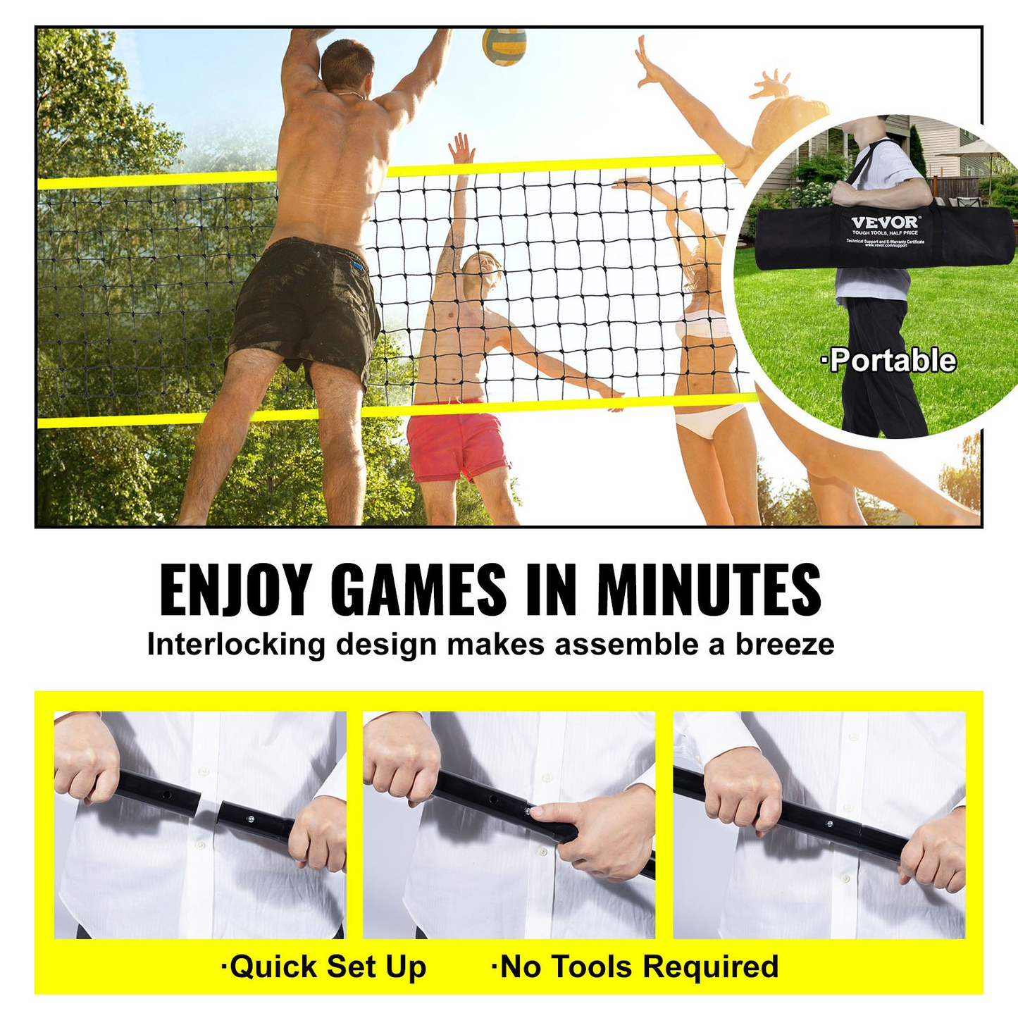 VEVOR Outdoor Portable Volleyball Net System, Adjustable Height Steel Poles, Professional Volleyball Set with PVC Volleyball, Pump, Carrying Bag, Heavy Duty Volleyball Net for Backyard, Beach, Lawn