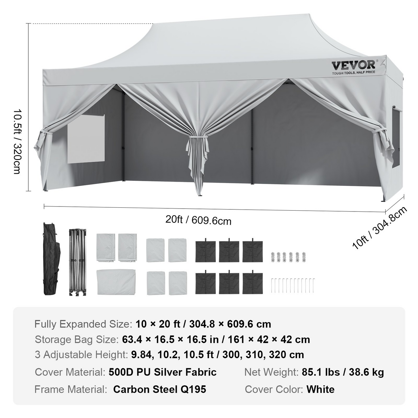 VEVOR 10x20 FT Pop up Canopy with Removable Sidewalls, Instant Canopies Portable Gazebo & Wheeled Bag, UV Resistant Waterproof, Enclosed Canopy Tent for Outdoor Events, Patio, Backyard, Party, Parking