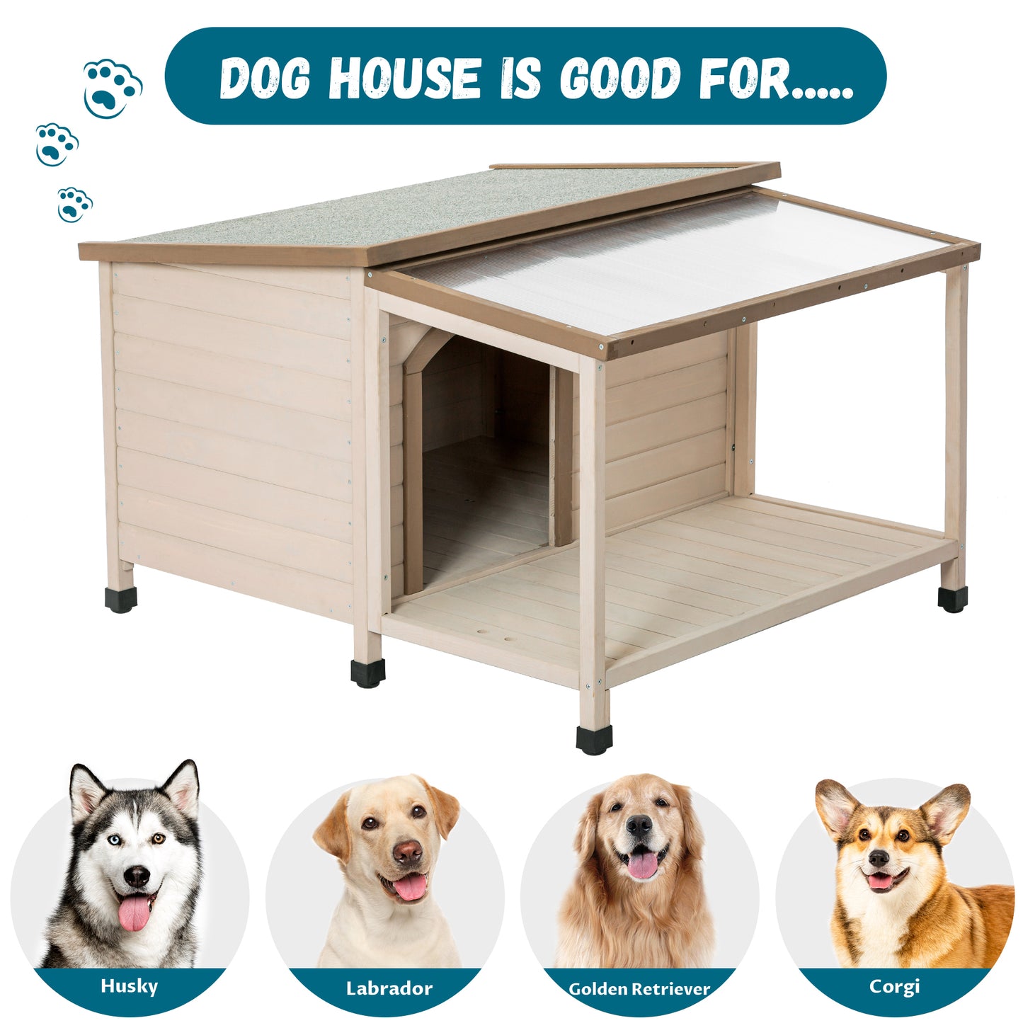 Outdoor fir wood dog house with an open roof ideal for medium to large  dogs. Dog house with large terrace with clear roof.Weatherproof asphalt roof and treated wood.