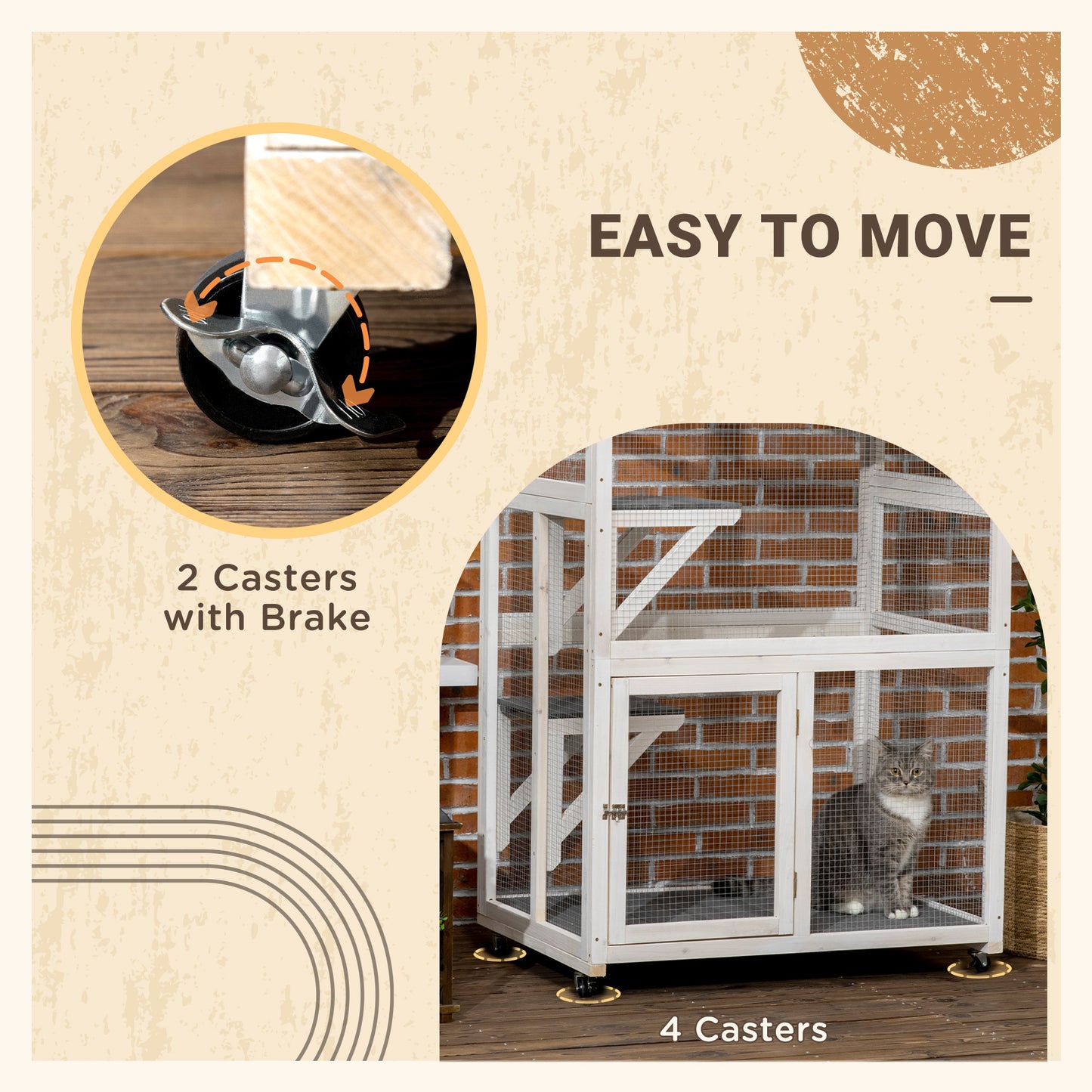 PawHut 74" Wooden Outdoor Cat House Weatherproof & Wheeled, Catio Outdoor Cat Enclosure with High Weight Capacity, Kitten Cage Condo, Gray