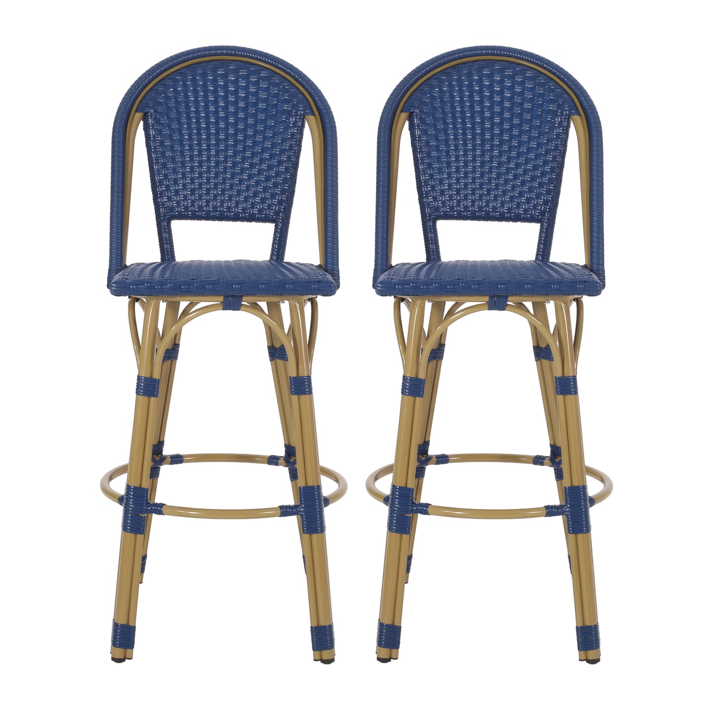 29.5" Outdoor PE Rattan and Aluminum French Barstools, Set of 2, Navy Blue and Bamboo Finish