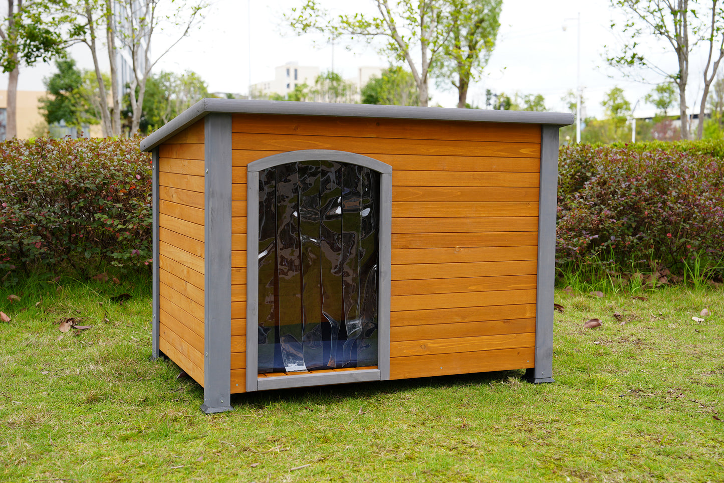 45" winter warm outdoor indoor dog house, made of solid wood, plastic curtain, insulation mat.