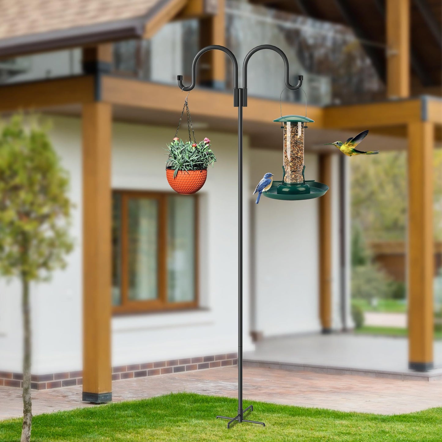 Double Shepherd Hooks for Outdoor, 79 Inch Heavy Duty Bird Feeder Pole for Hanging Bird Feeder, Garden Hooks Plant Baskets, Garden Plant Hanger Stands with 5 Prong Base