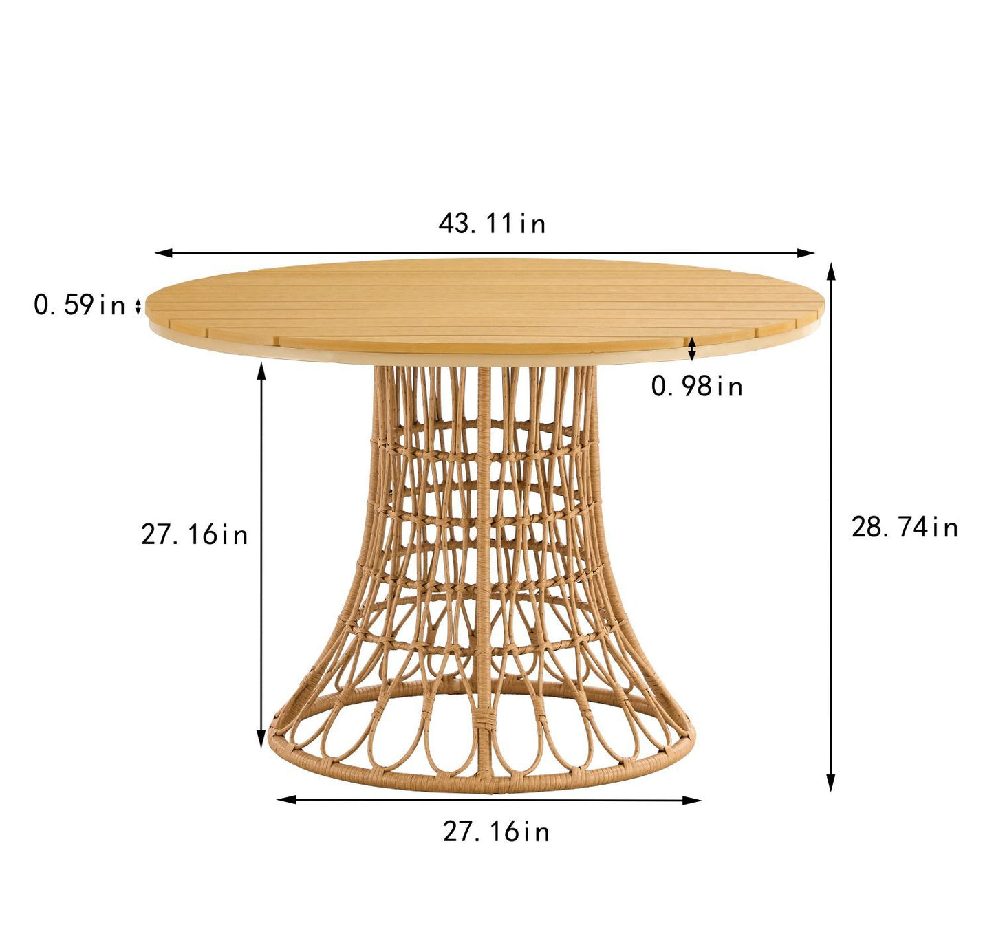 Outdoor dining set of 5,  simple bamboo dinning table , PE ratten round table 110CM plastic wood top, Bamboo looking ratten base, 4 dinning chairs with cushion, stackable