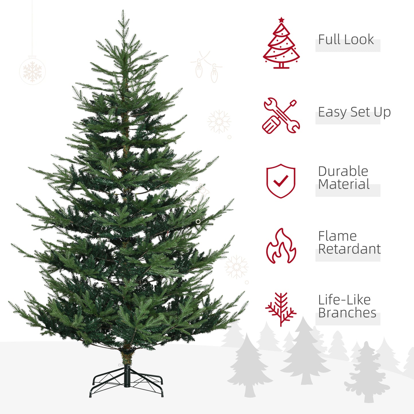 HOMCOM 7.5 Foot Artificial Christmas Tree, Pine Hinged Xmas Tree with 1218 Realistic Branches, Steel Base, Auto Open, Green