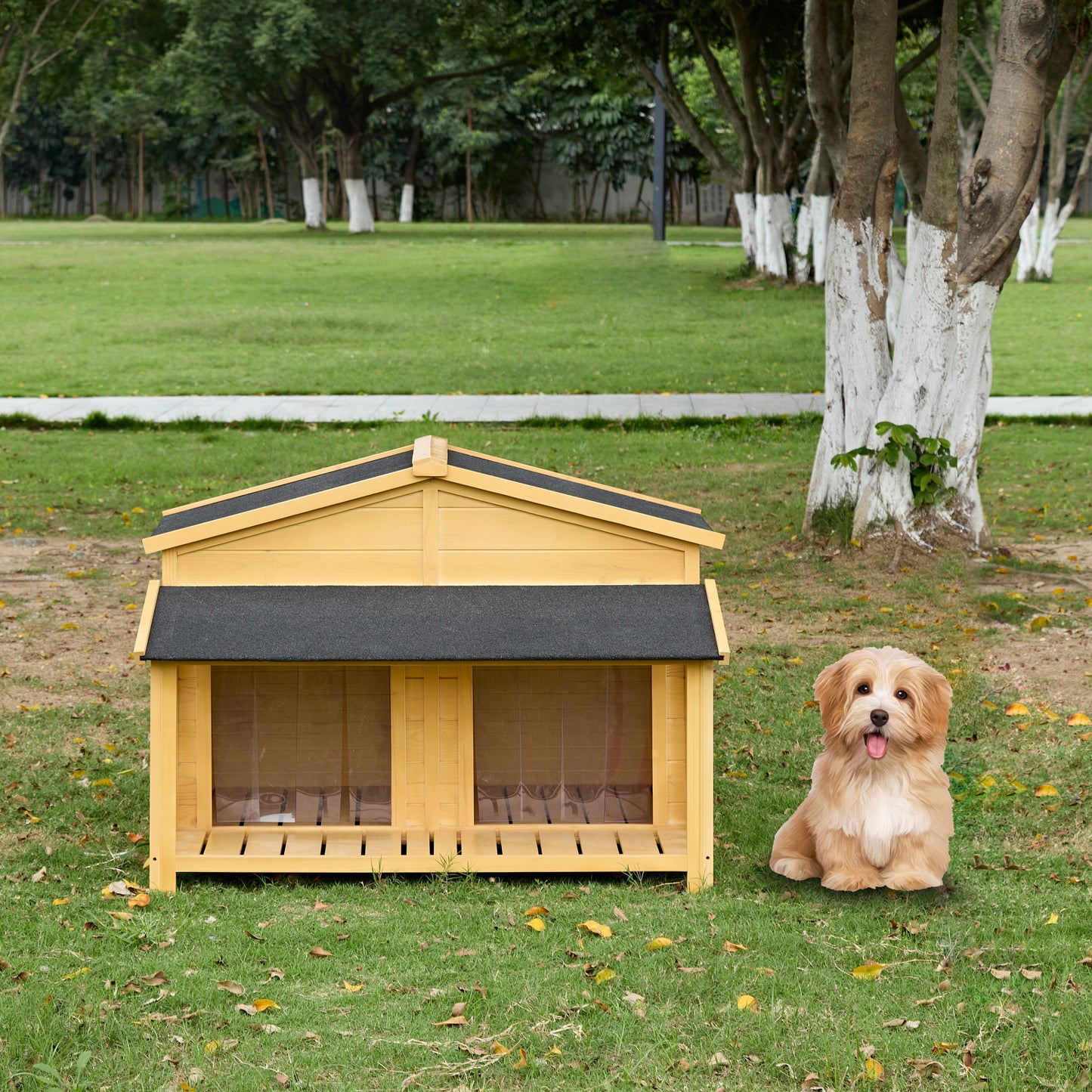 Dog House, Waterproof Dog Cage Kennel, Wooden Outdoor and Indoor Dog House, Raised Pet Kennel for Medium Dogs, Log Cabin Style with Porch,Elevated Floor,Asphalt Roof, 2 Doors, Pine Wood Natural