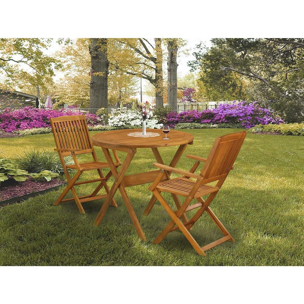 MNCM3CANA 3-Piece Outdoor Bistro Table Set Includes a Wooden Folding Table and 2 Outdoor Folding Chairs - Natural Oil Finish