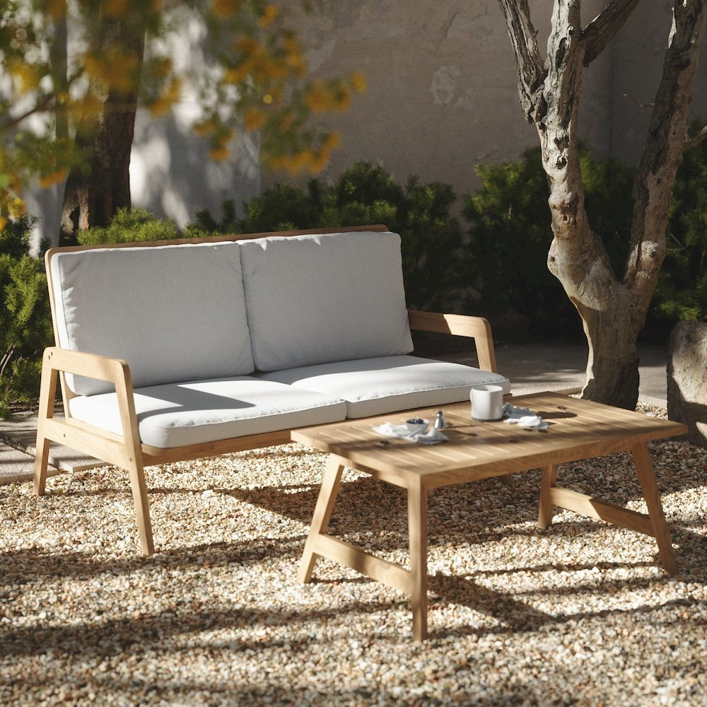 Outdoor Acacia Wood Coffee Table and Loveseat with Cushions