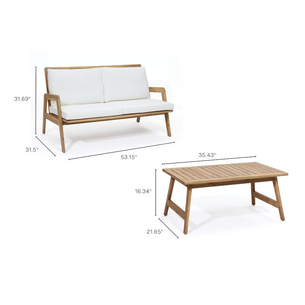 Outdoor Acacia Wood Coffee Table and Loveseat with Cushions