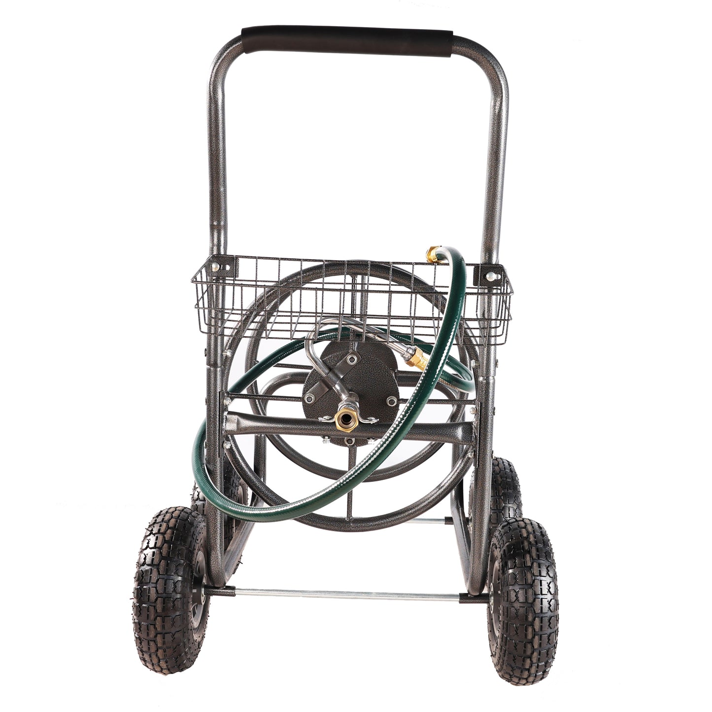 Garden Hose Reel Cart - 4 Wheels Portable Garden Hose Reel Cart with Storage Basket Rust Resistant Heavy Duty Water Hose Holder