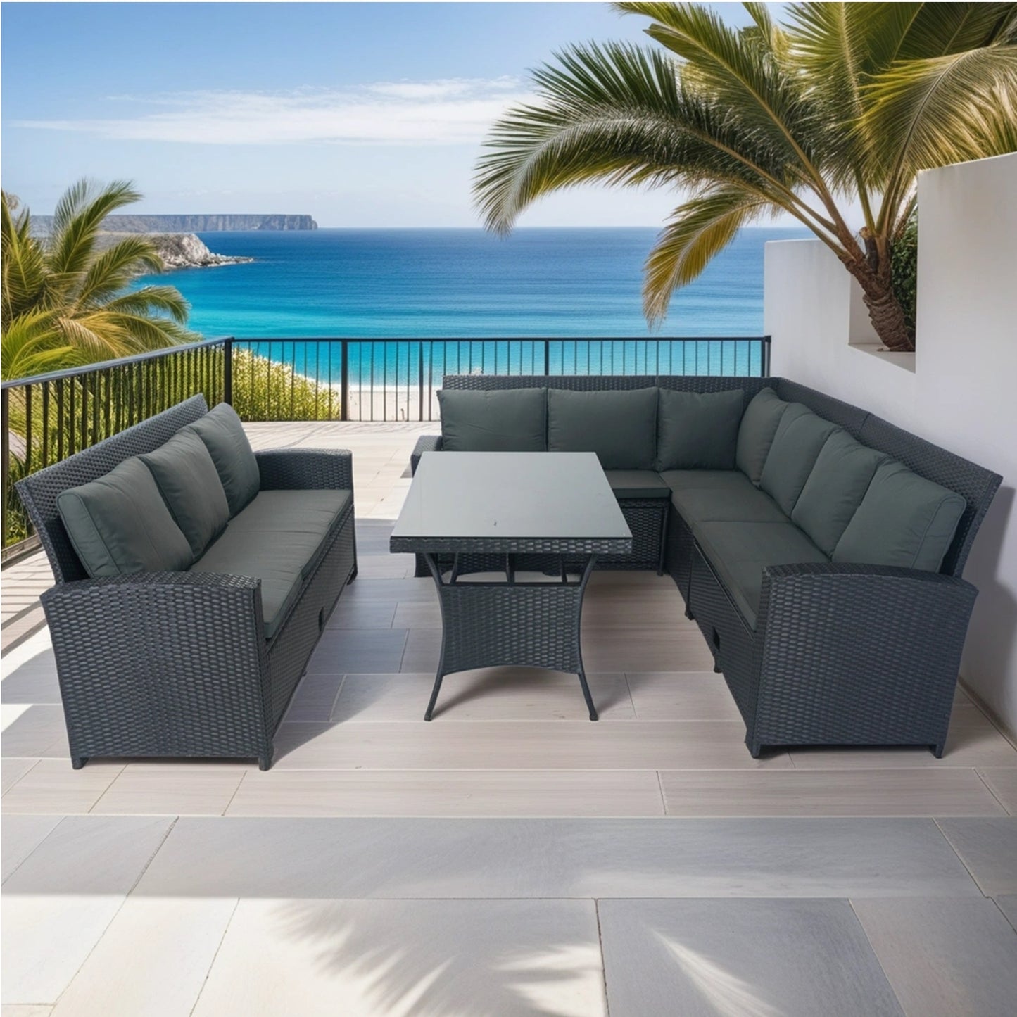 5 Piece Patio wicker Outdoor Sectional Set 9 Seater Conversation Set with 3 Storage Under Seat Black Wicker + Dark Grey Cushion