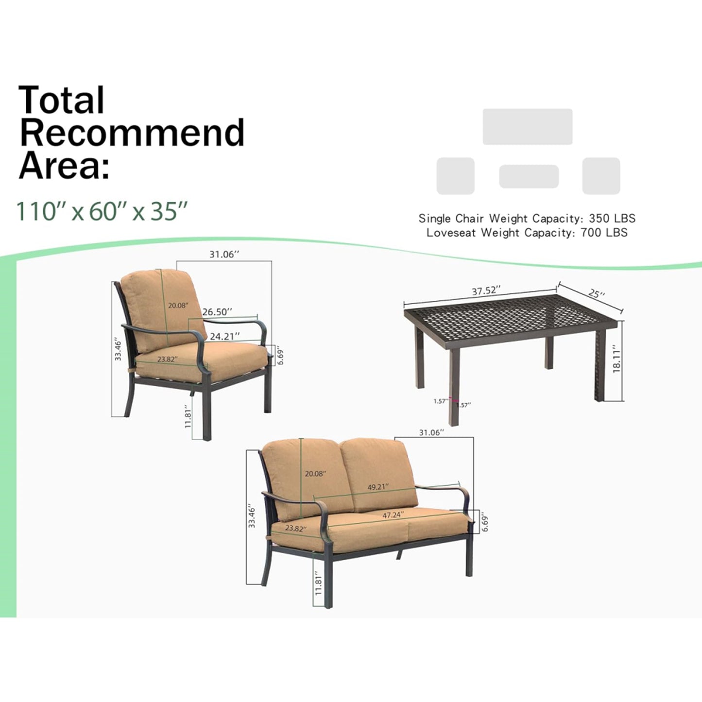 Outdoor 4 pcs Patio Conversation Set, Metal Dining Table and Chairs Dining Set with Removable Beige Cushions for Garden Lawn Yard