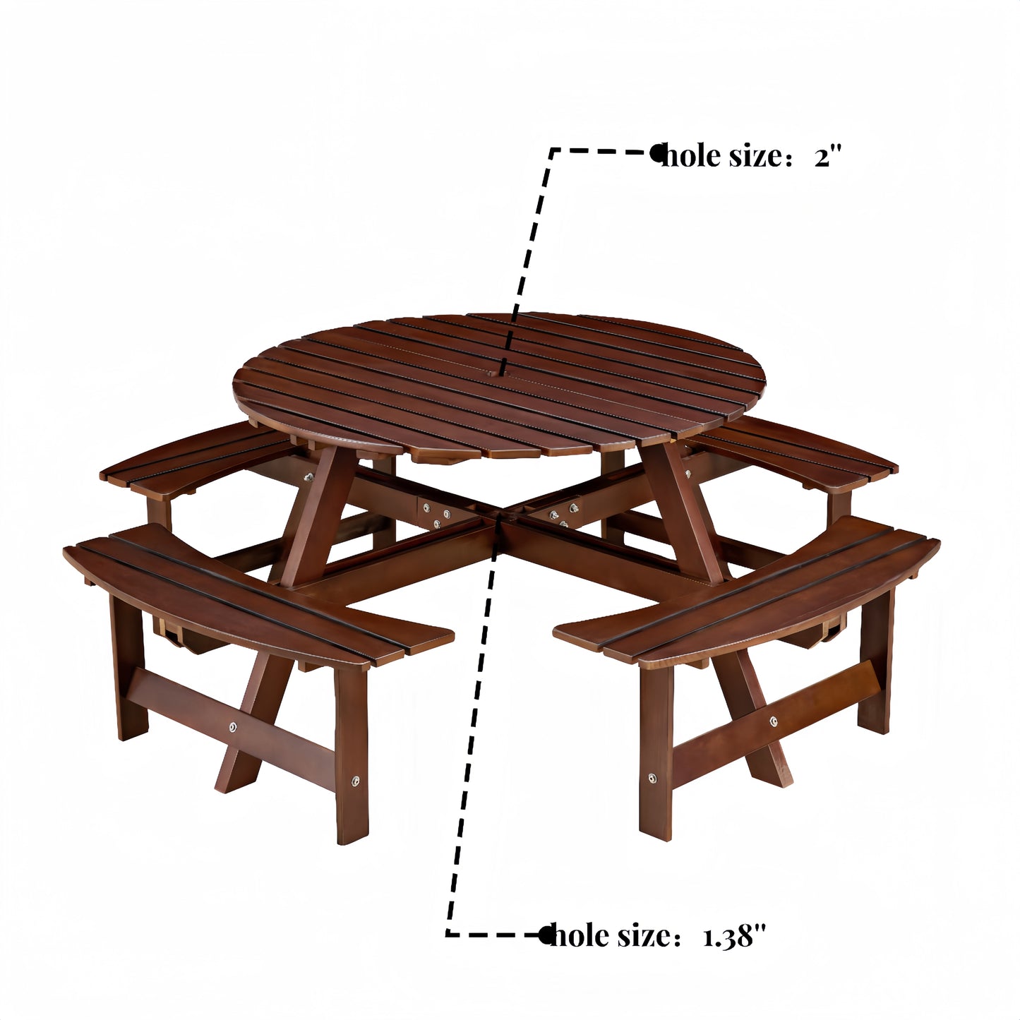 Outdoor 8 Person Picnic Table, 8 person Round Picnic Table with 4 Built-in Benches, Umbrella Hole, Outside Table and Bench Set for Garden, Backyard, Porch, Patio,  Brown