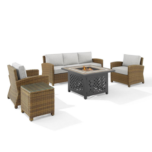 Bradenton 5Pc Outdoor Wicker Sofa Set W/Fire Table Gray/Weathered Brown - Sofa, Side Table, Tucson Fire Table, & 2 Armchairs