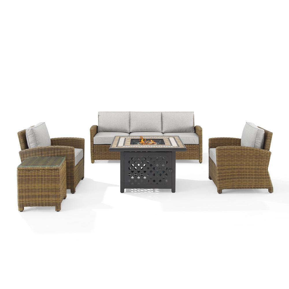 Bradenton 5Pc Outdoor Wicker Sofa Set W/Fire Table Gray/Weathered Brown - Sofa, Side Table, Tucson Fire Table, & 2 Armchairs