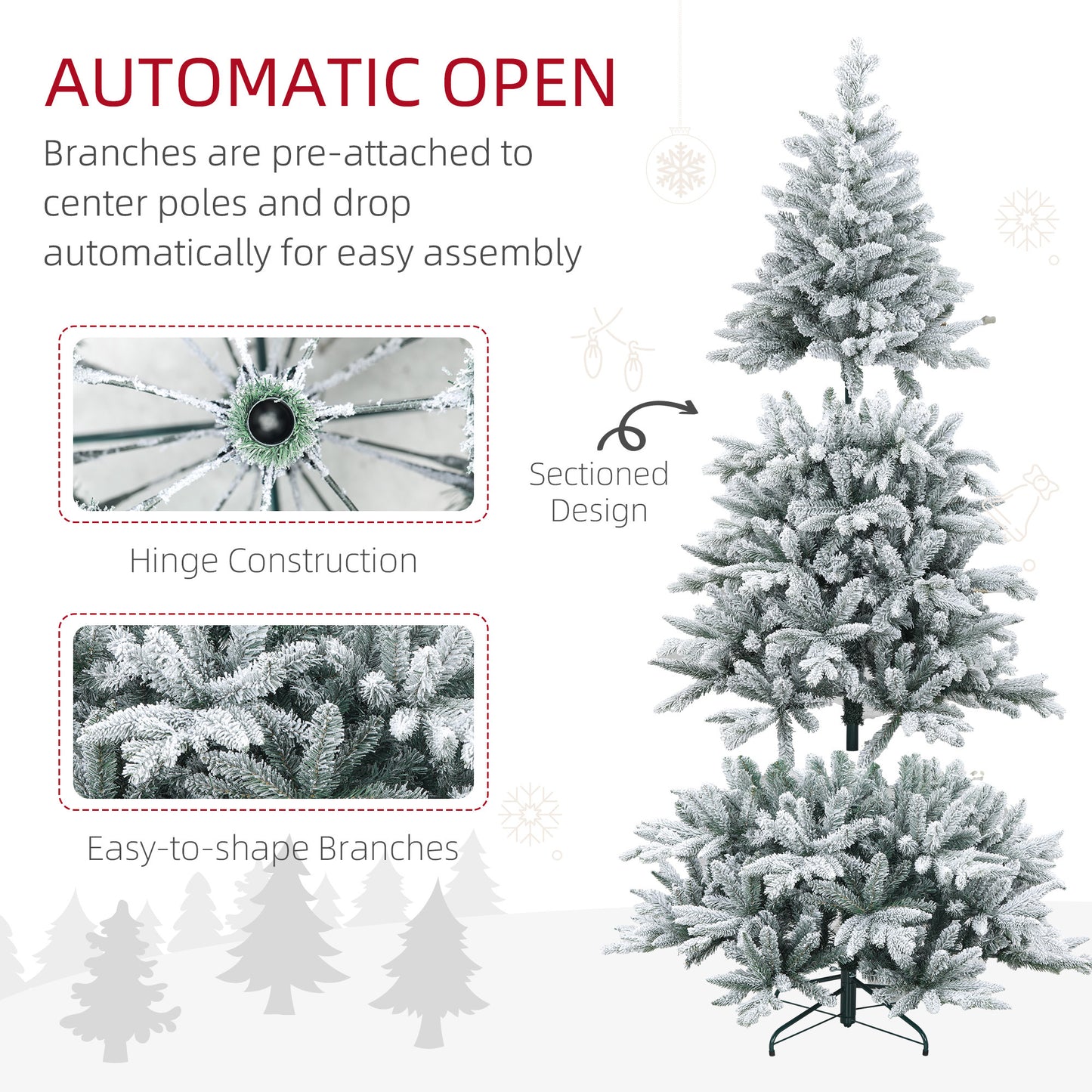 HOMCOM 7ft Snow Flocked Artificial Christmas Tree with 1401 Tips, Foldable Metal Stand, Easy Assembly, Hinged Xmas Tree for Home, Office, Holiday, Green