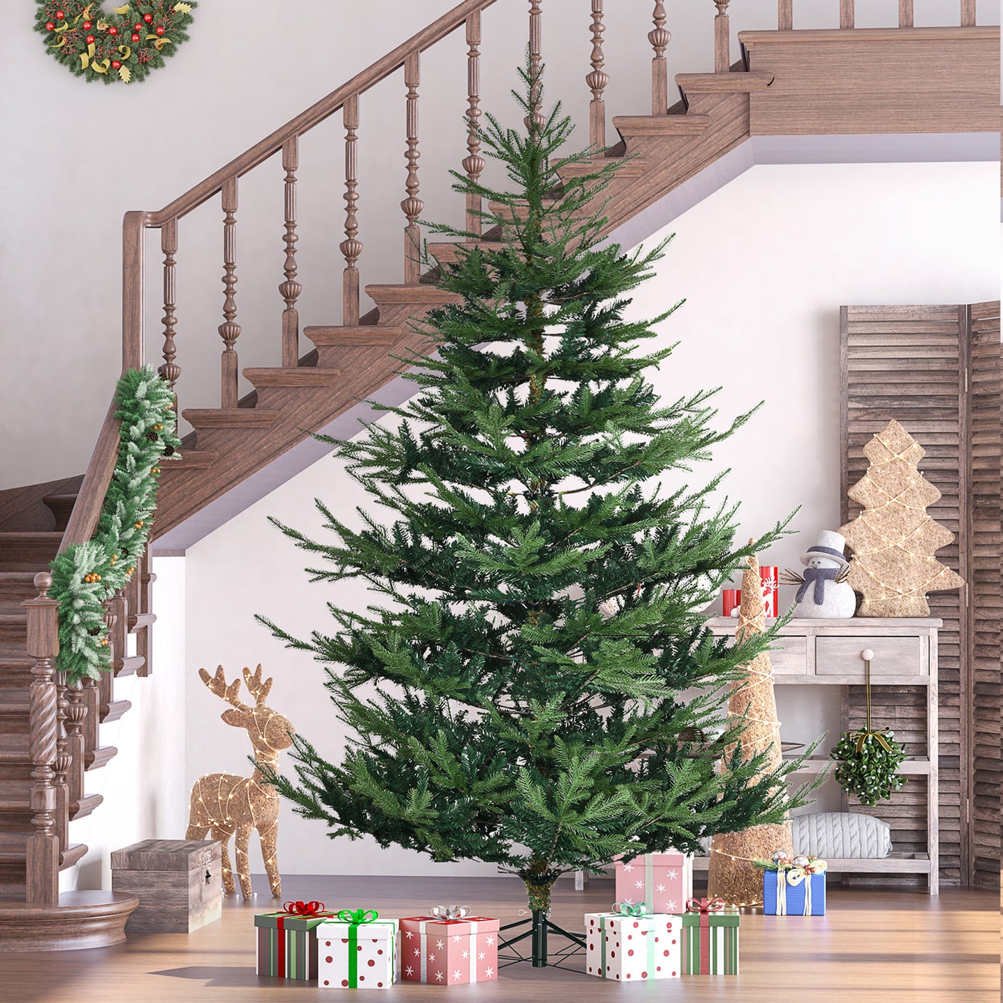 HOMCOM 7.5 Foot Artificial Christmas Tree, Pine Hinged Xmas Tree with 1218 Realistic Branches, Steel Base, Auto Open, Green