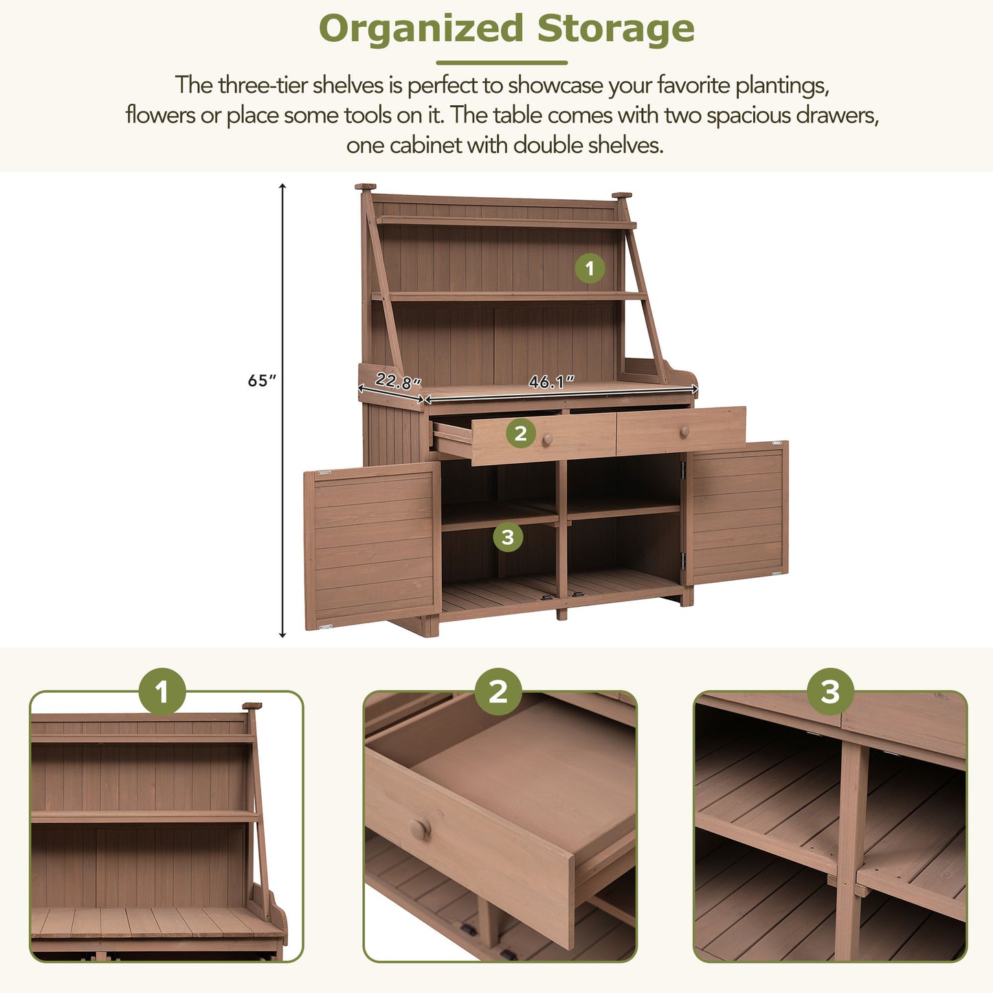 TOPMAX 65inch Garden Potting Bench Table, Fir Wood Workstation with Storage Shelf, Drawer and Cabinet, Brown