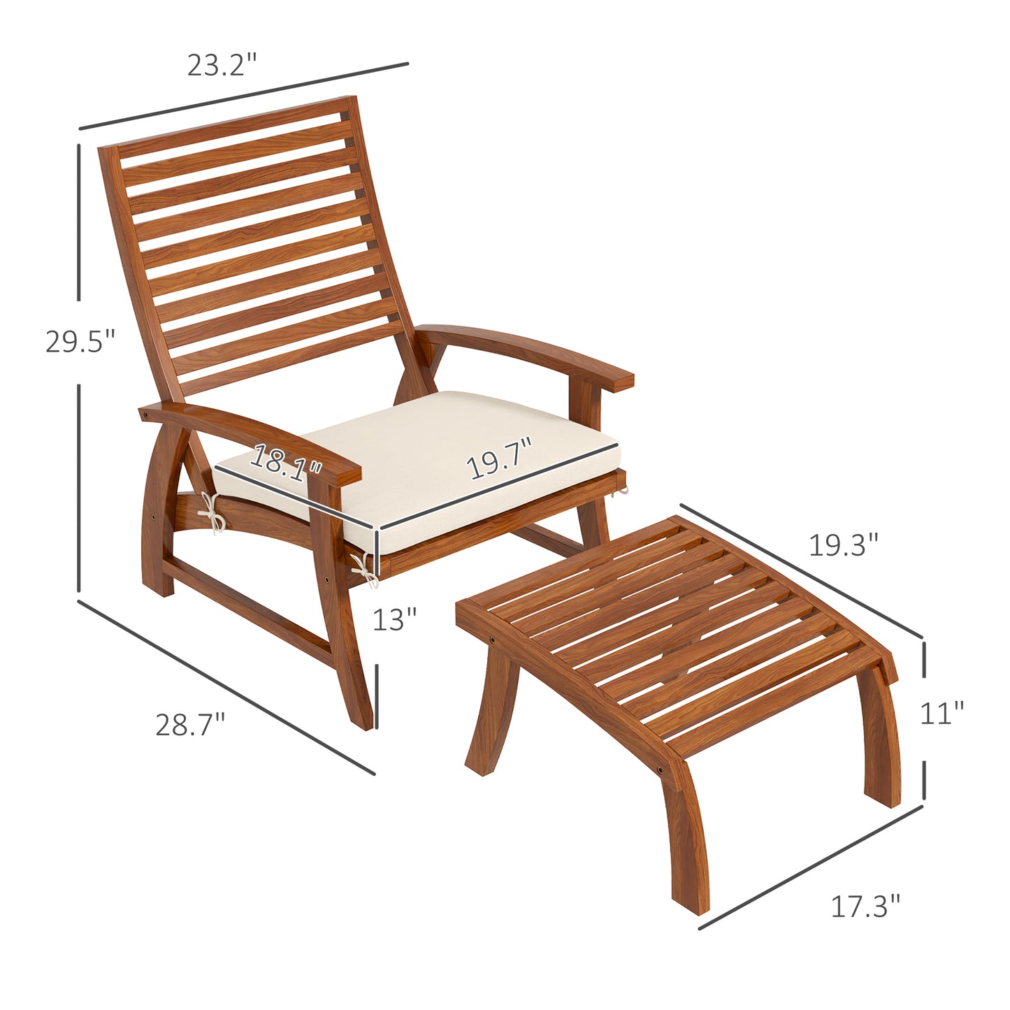 Outsunny 4 Pieces Patio Chairs with Cushion, Outdoor Dining Chairs Set of 4, Acacia Wood Seat with Footstools, Slatted Seat & Backrest, Armrests, Cream White