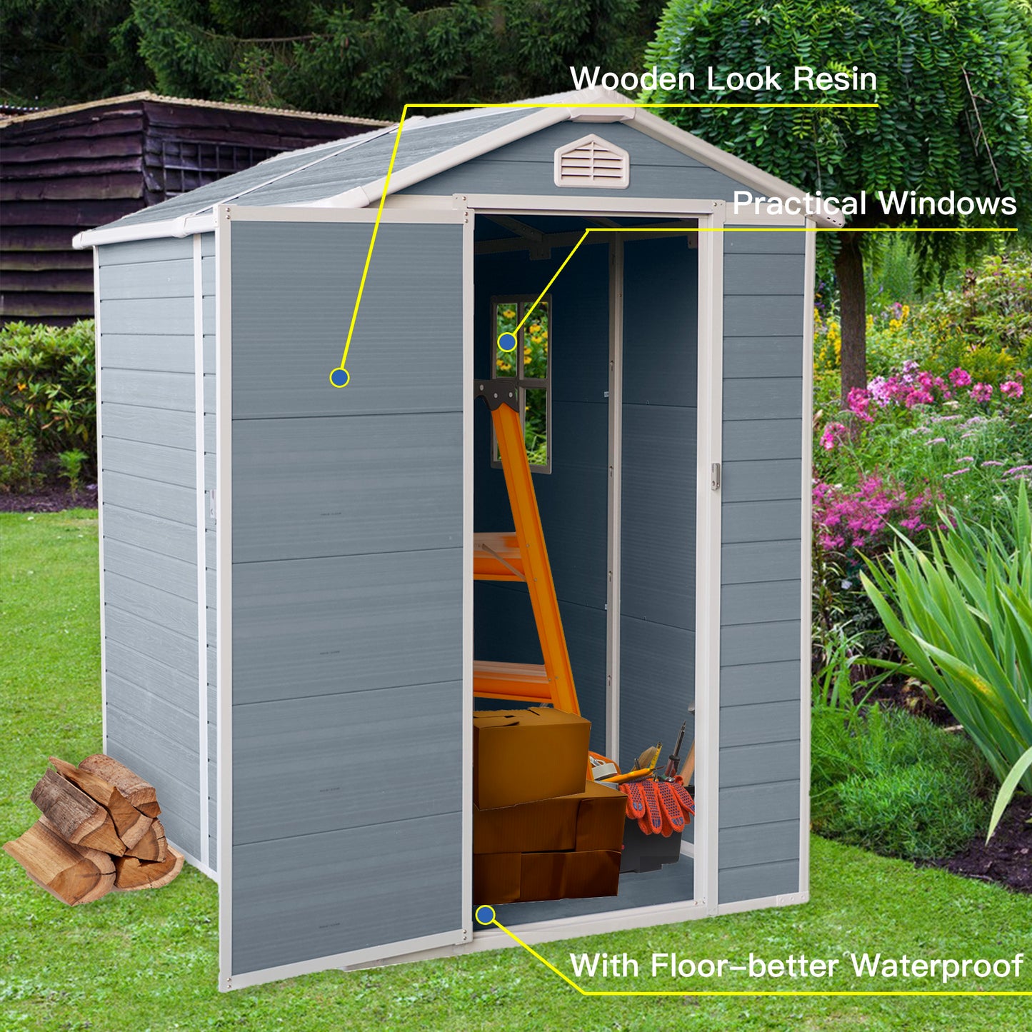 4x6ft Resin Outdoor Storage Shed with Floor and Lockable Doors for Patio,Yard,Lawn ,Grey