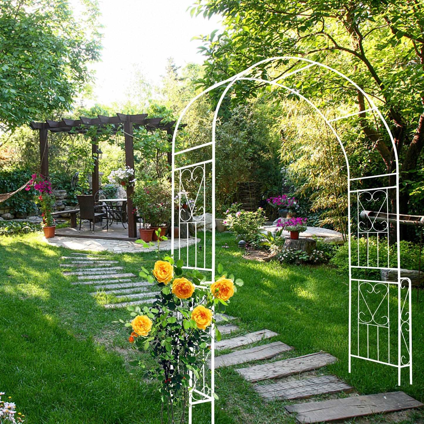 Metal Garden Arch W55'' x H94.5'' Garden Arbor Trellis Climbing Plants Support Rose Arch Outdoor Arch Cream White