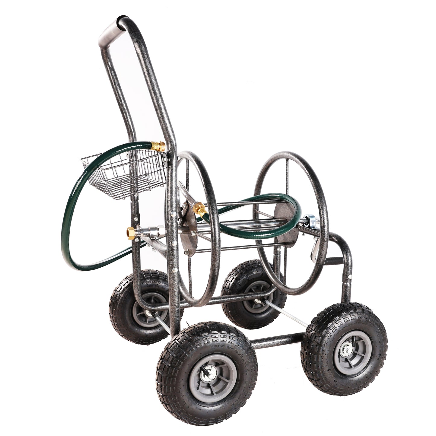 Garden Hose Reel Cart - 4 Wheels Portable Garden Hose Reel Cart with Storage Basket Rust Resistant Heavy Duty Water Hose Holder