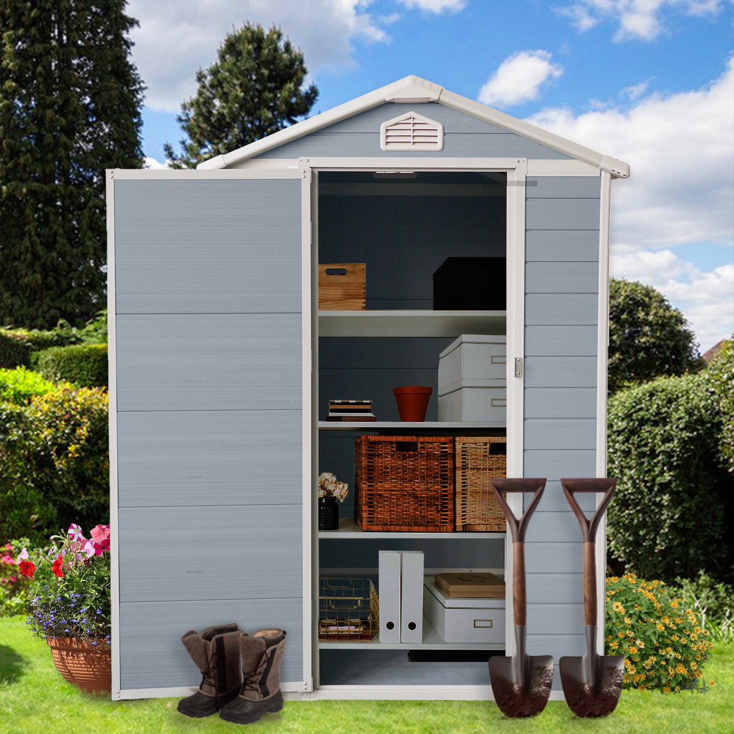 4x6ft Resin Outdoor Storage Shed with Floor and Lockable Doors for Patio,Yard,Lawn ,Grey