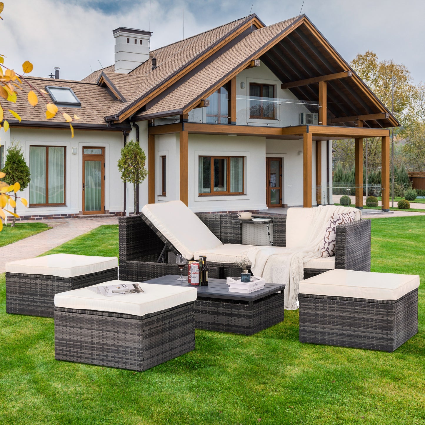 Patio Furniture, Outdoor Furniture, Seasonal PE Wicker Furniture,5 Set Wicker Furniture With Plywood Coffee Table,with lift TOP Coffee Table,with Lounger Sofa