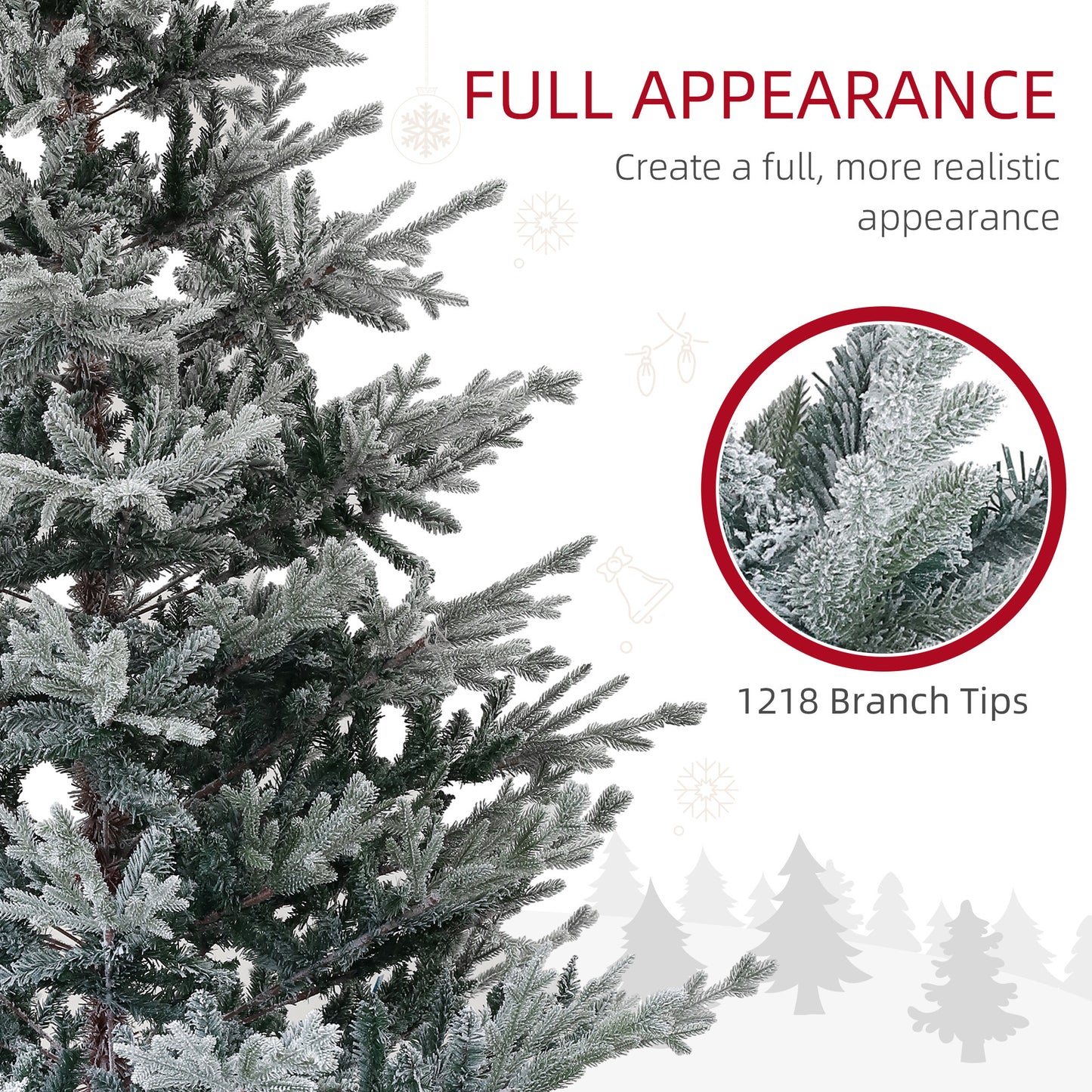 HOMCOM 7.5ft Nordic Pine Artificial Christmas Tree with 1218 Snow Flocked Tips, Foldable Metal Stand, Easy Assembly, Hinged Xmas Tree for Home Office Holiday