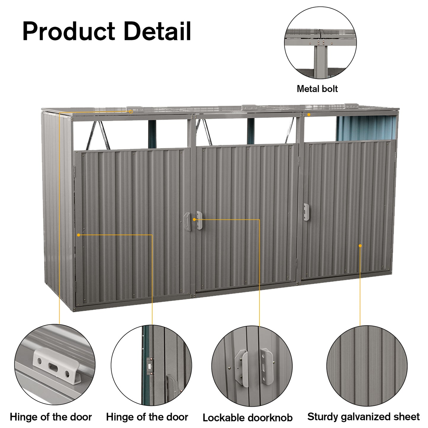 Garbage Bin Shed Stores 3 Trash Cans Metal Outdoor Bin Shed for Garbage Storage,Stainless Galvanized Steel, Bin Shed for Garden Yard Lawn,Grey